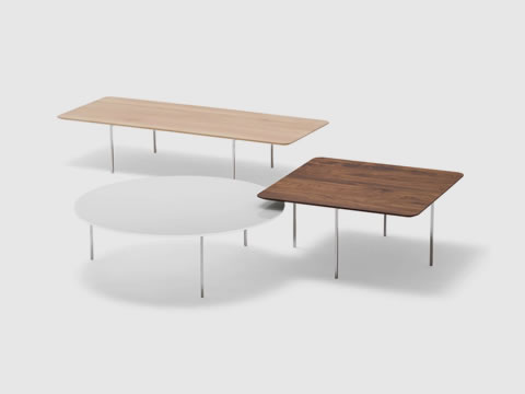 Der anpassungsfähige Tisch Sting macht überall eine gute Figur. Es gibt ihn in quadratisch, rund und rechteckig. Mit Tischplatte aus massiver Esche, Eiche oder Nussbaum
 COR Sting Couchtische