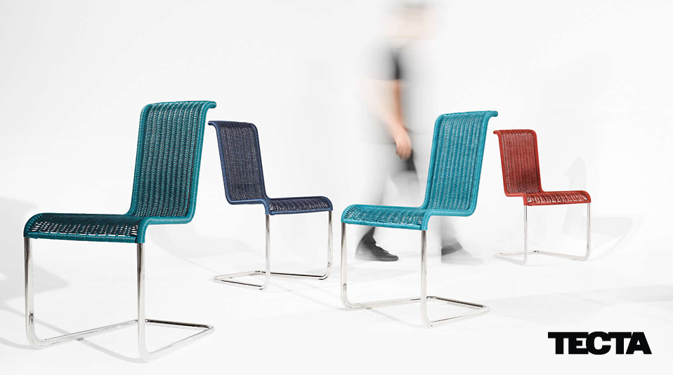 Farbenreich, aber nicht laut, das ist die Devise vonTecta. Alle Flechtstühle der Kragstuhl Kollektion gibt es nun in vier neuen Farben. Tecta Kragstuhl neue Farben