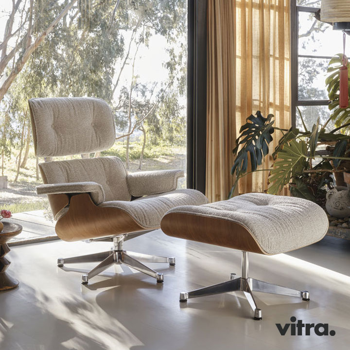 2023 führt Vitra den Eames Lounge Chair mit Stoffbezug wieder ein. Nubia ist ein weicher Bouclé-Stoff mit einer lebendigen Optik.
